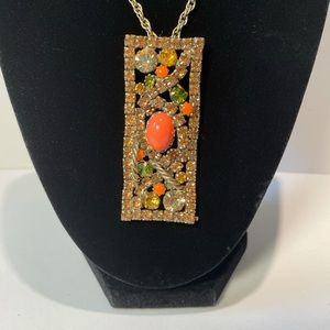 Vintage Statement Pendant Orange & Gold Colour Necklace.
